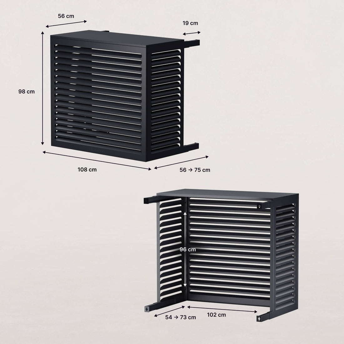 Cache clim Cabanaclim taille L avec dimensions extérieures et intérieures en vue face et dessous, modèle extensible noir