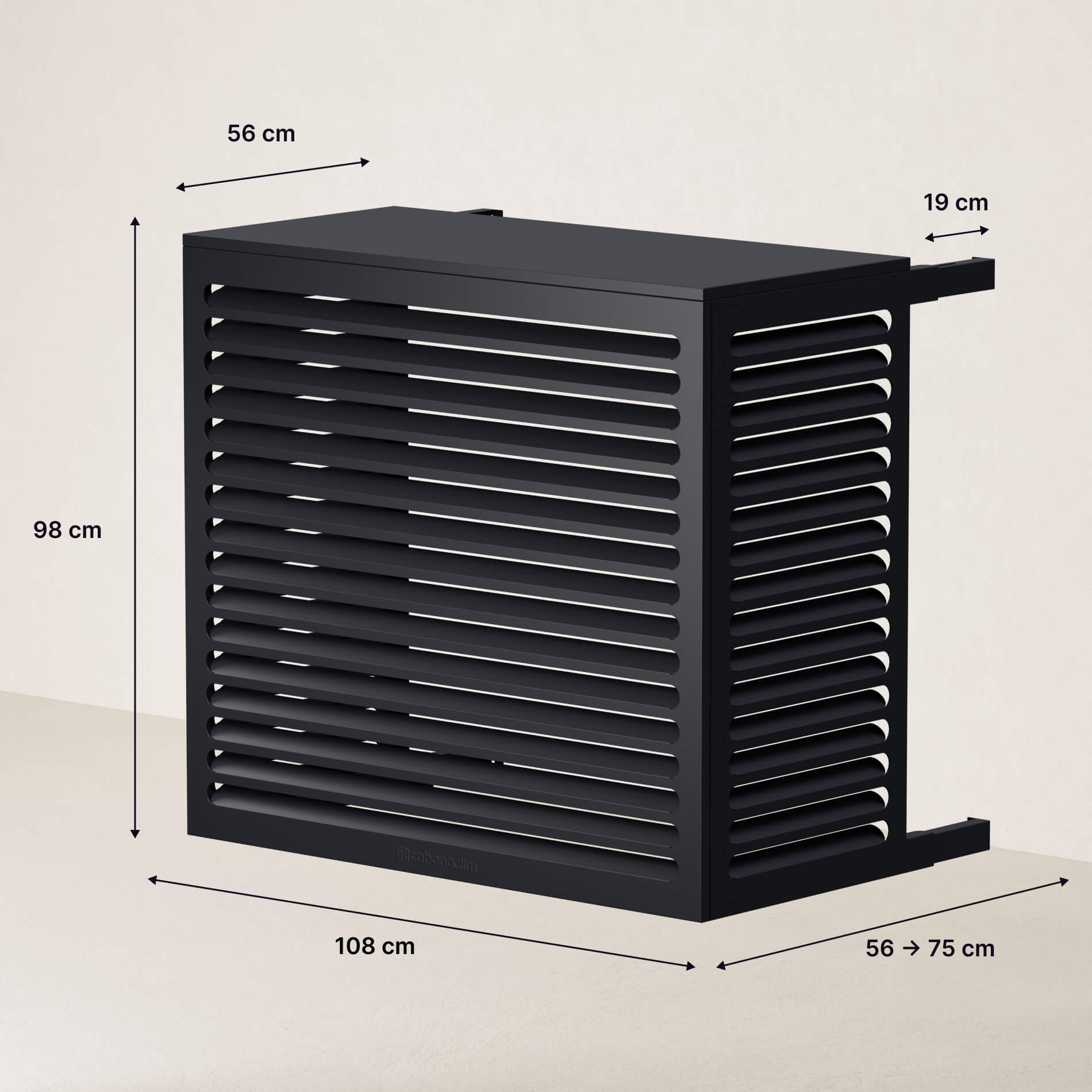 Dimensions extérieures complètes du cache clim Cabanaclim taille L, modèle noir extensible avec profondeur réglable