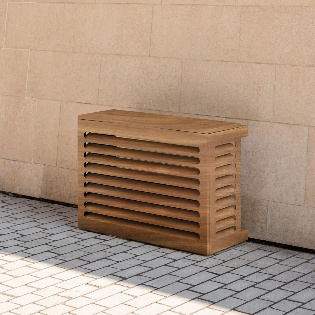 Cache clim bois exotique Cabanaclim – taille XS –  Finition aluminium aspect bois, parfaite pour intégrer une unité extérieure de climatisation ou pompe à chaleur dans un environnement chaleureux, naturel et esthétique.