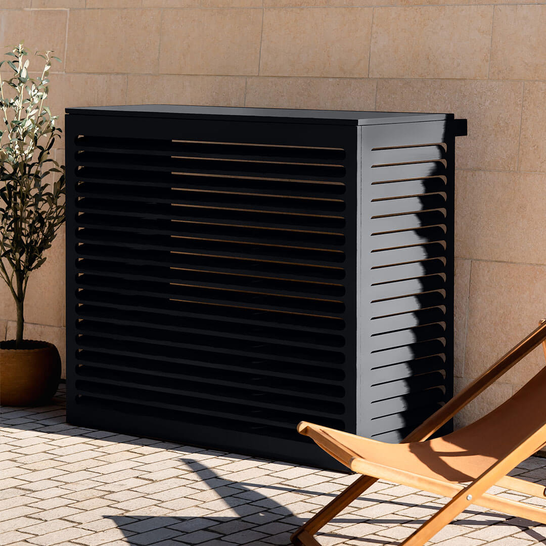 Modèle cache clim gris anthracite (ral 7016) – taille XL – vue : vue style architecture. Finition en aluminium haut de gamme, conçue pour habiller votre clim ou pompe à chaleur avec style. Un choix esthétique et pratique.
