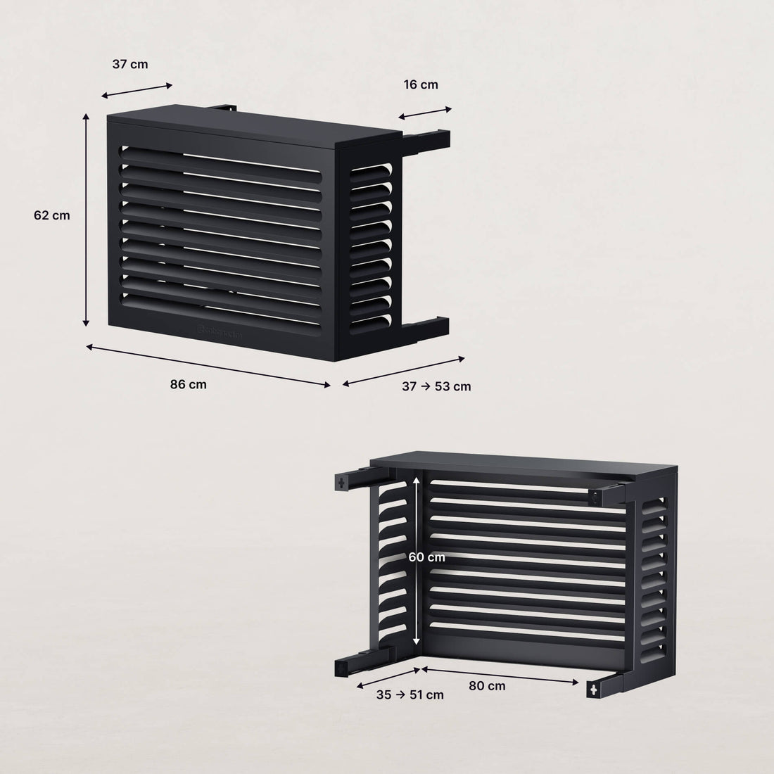 Vue face et dessous du cache clim Cabanaclim taille XS avec dimensions complètes et profondeur ajustable