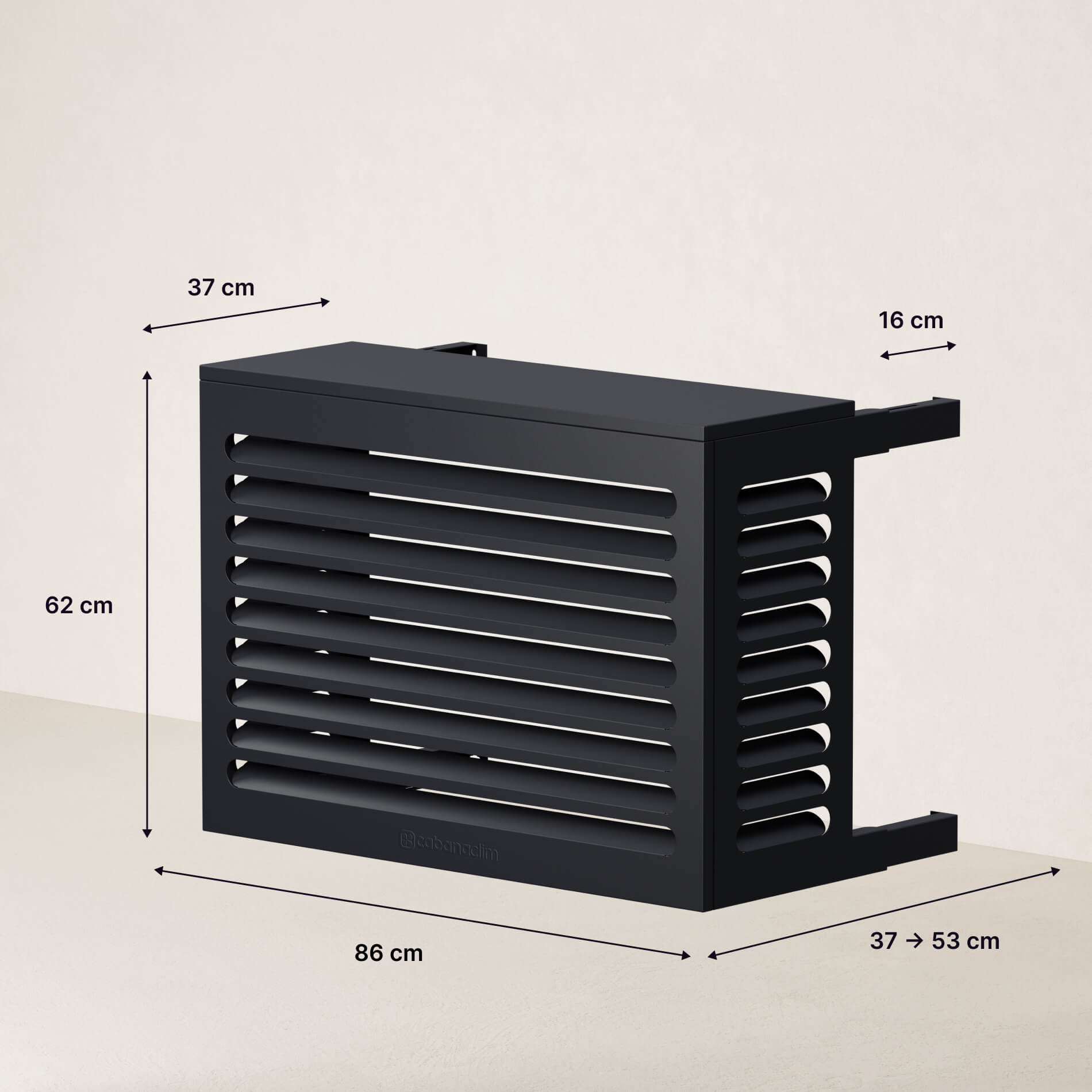 Dimensions détaillées du cache clim Cabanaclim taille XS avec profondeur extensible, modèle gris anthracite