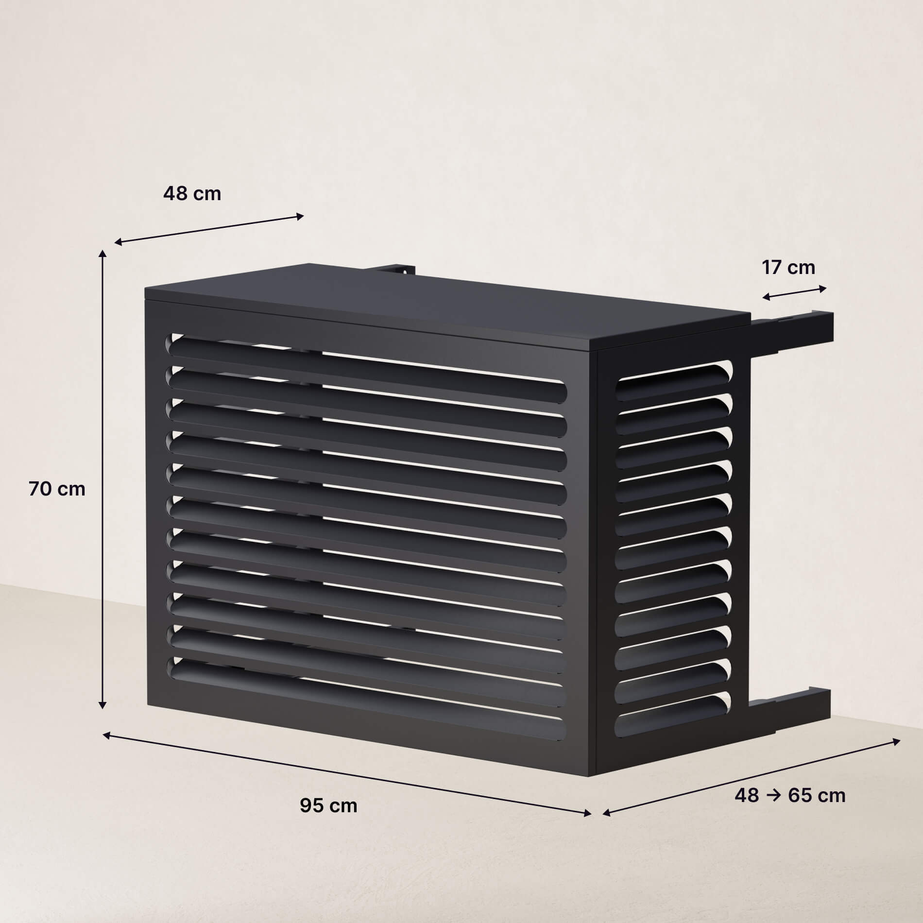Dimensions détaillées cache clim S Cabanaclim - vue de face et de côté avec extensions réglables